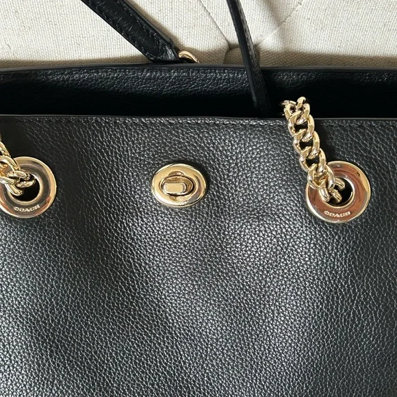 Coach Black Pebbled Leather Tote with Chain Straps - Picture 10 of 12